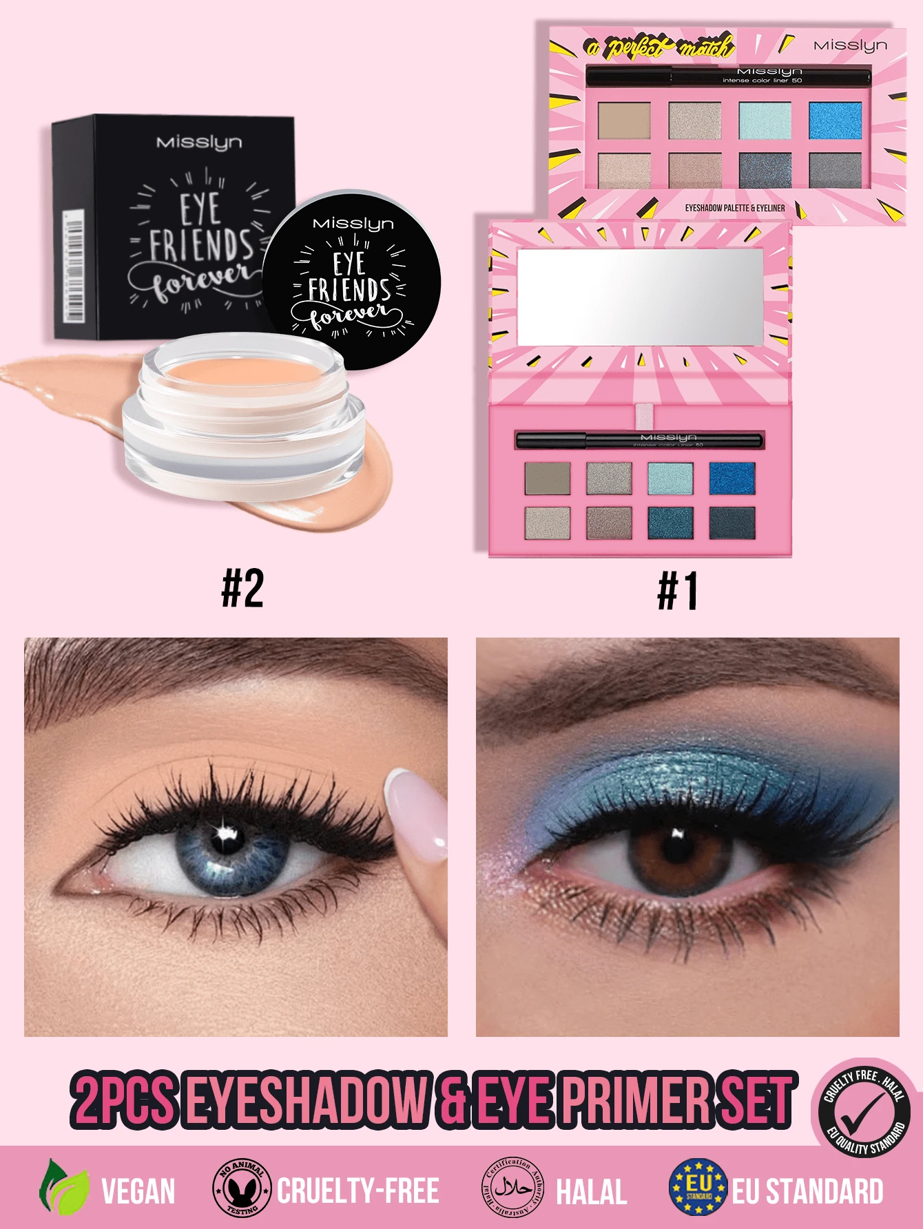 MISSLYN 2PCS EYESHADOW & EYE PRIMER SET, Waterproof, High-Pigment, Boosts Color Payoff, Precise Colour Application, Ideal For Teens,Students,Makeup Lovers, Perfect For Back To School, Halloween Costume Looks, Everyday Commute, Trick Or Treat - #Set 1 - View 1