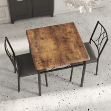 Space-Saving 3-Piece Dining Table Set For 2 – Square Metal & Wood Table With Upholstered Chairs – Compact Rustic Dining Room Furniture For Small Spaces, Apartments - Retro Color Cushioned Seat - View 2