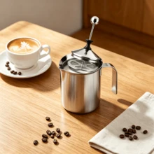 Hand‑Operated Milk Frother 400ml, Stainless Steel Double Mesh Milk Foam Pot With Special Press Mechanism For Home Coffee Cappuccino Making - Silver - View 1