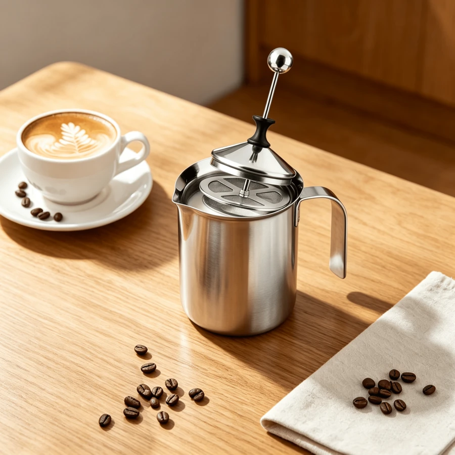 Hand‑Operated Milk Frother 400ml, Stainless Steel Double Mesh Milk Foam Pot With Special Press Mechanism For Home Coffee Cappuccino Making - Silver - View 1