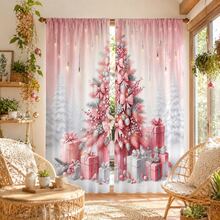 2PCS Silver‑Pink Christmas Tree Print Light Sheer Curtains, Semi-Sheer For Privacy Protection. Easy Rod Pocket Installation, Quick-Dry, Fade-Resistant After Washing, Lightweight And Washable. Ideal For Home, Room And Kitchen Decor & Space Dividers. - Multicolor - View 7