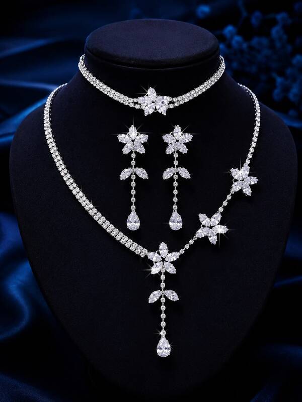 Juego de 4 piezas de joyería de novia para mujer con flores de circonita cúbica y cristales estilo corte, juego de joyería para fiesta de noche, regalo de cumpleaños