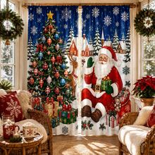 2 Pieces Of Snowscape Village Christmas Printed Semi-Transparent Curtains, Featuring A Magnificent Christmas Tree And A Seated Santa Claus Pattern. Suitable For Christmas Decorations In Living Rooms, Bedrooms And Home Interiors. - Multicolor - View 8