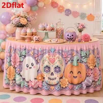 1pc Halloween Tablecloth & Table Skirt, Macaron Pink Purple Paper Cut Style Skull Ghost Pumpkin Floral Print Table Decor, Sweet Cute Party Dining Table Arrangement, Halloween Party Home Decoration, Day Of The Dead Festival Table Ornament