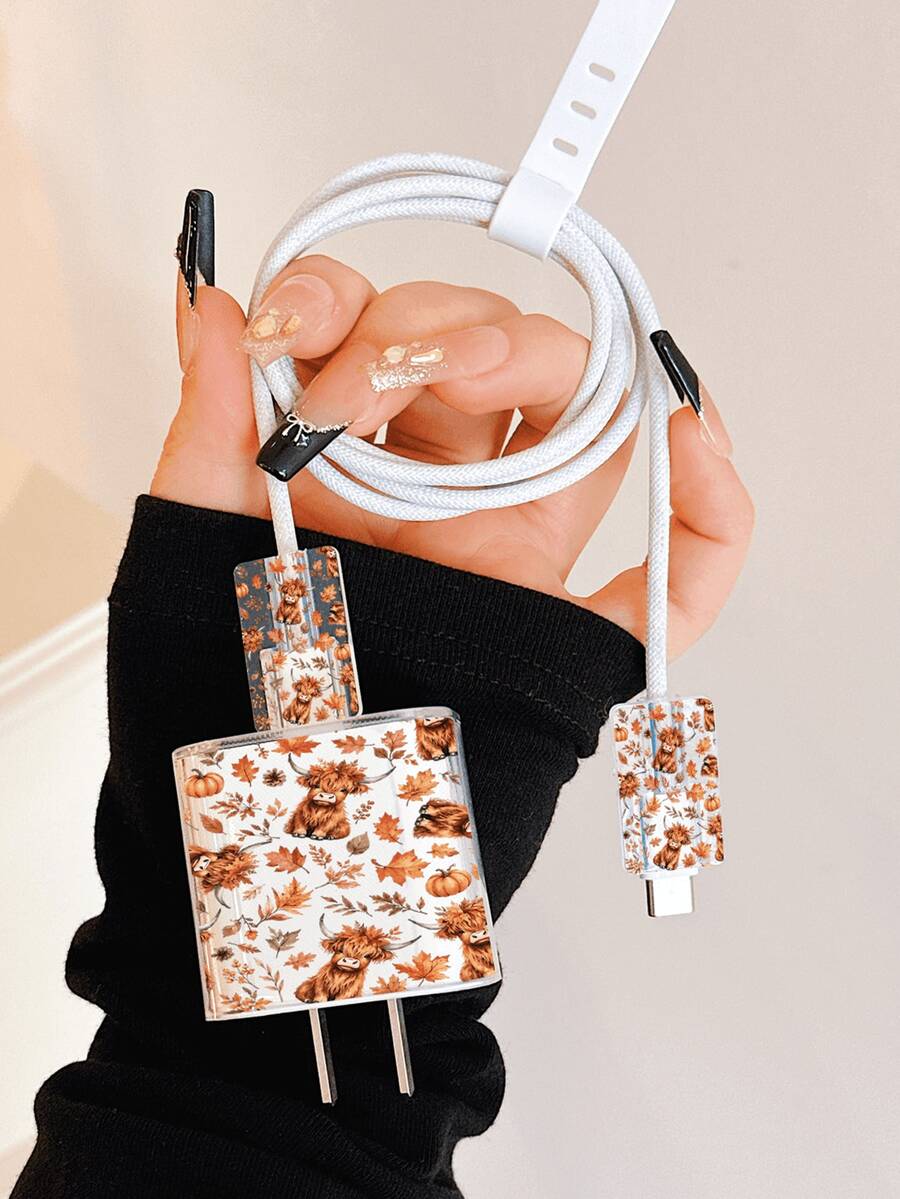 Cute Cow Head, Autumn Maple Leaf Pattern, Charger Cable Protector, Compatible With Apple 20W Charger, Minimalist Apple Charger Protective Case, Compatible With 20W Phone 15/16 Pro Max Charging Cable Protector, Anti-Scratch, Anti-Bite, Compatible With 13/14 Plus/17/16PROMAX, Gift For Girlfriend - Multicolor - View 1