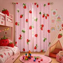 2 Pieces Of High-Definition Pink Strawberry Heart Pattern Decorative Curtains. Durable And Not Prone To Fading. Hang With Rod Bag. Suitable For Bedroom And Living Room As Decorative Curtains For The Home. - Multicolor - View 1