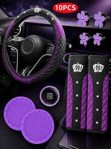 10Pcs Car Interior Accessories Set, Sport Quilted Steering Wheel Cover, Seat Belt Pads, Daisy Air Vent Clips, Cup Coasters, Bling Start Stop Button Cover, Universal Auto Interior Decor Kit For Most Cars - Multicolor - View 12