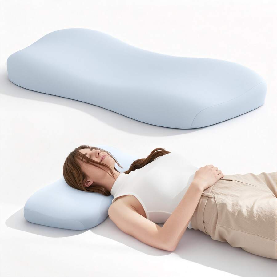 1pc Low-Profile Cooling Neck Pillow, Odorless Slow Rebound Medium-Soft Pillow, Ergonomic Dual-Height Design, Removable Washable Cooling Pillowcase - 25.2x12.2x3.15inch - Blue - View 1