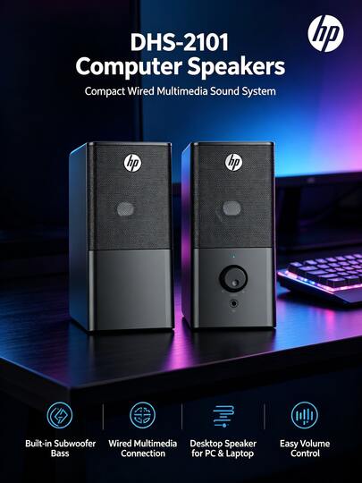 HP Altavoces para computadora DHS-2101, portátil, de escritorio, minialtavoz, subwoofer, multimedia, con cable, color negro