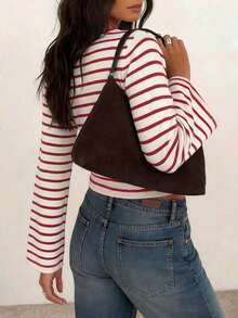 Striped Contrast Rib Knit Long Sleeve T-Shirt For Women, Casual Everyday Wear Vacation Red - Red - View 3