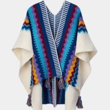 CAMEL CROWN Women's Boho Knit Poncho Shawl Wrap Tassel Cardigan Open Front Geometric Pattern Cape Sweater V Neck Cozy Oversized Ruana For Fall Winter - Fluffy Blue - View 4
