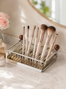 1pc Soap Dish Holder, Stainless Steel And Solid Wood Countertop Organizer With Drain Tray, Multi-Purpose Storage Rack For Bathroom Soap, Kitchen Sponge And Makeup Brush, Space Saving Freestanding Holder For Vanity And Home Organization - Multicolor - View 2