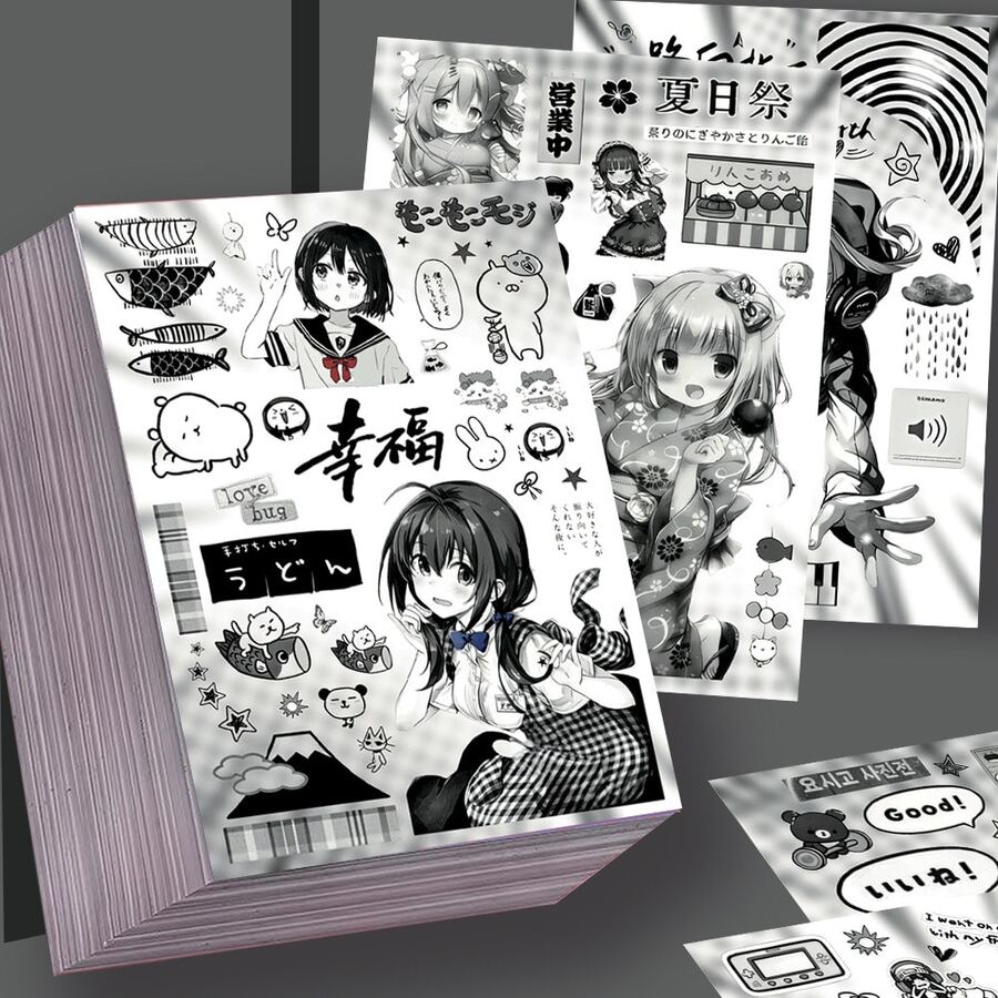 8pcs Black & White Collage Girl Diary Cut-Out Stickers Mushroom Bento Healing Food Packaging Material Waterproof Decals - Multicolor - View 1