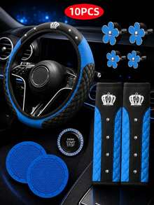 Set Aksesori Interior Mobil Mewah 10 Buah dengan Hiasan Mahkota Berlian Imitasi, Sarung Setir Berlapis, Bantalan Bahu Sabuk Pengaman, Klip Ventilasi Udara Motif Bunga Daisy, Alas Tempat Gelas, Stiker Tombol Start Stop, Set Dekorasi Mobil Universal - 10 buah - View 16