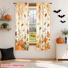 2pcs Digital Printed Curtains, Autumn Harvest Leaves & Pumpkin Watercolor Pattern, Rustic Farmhouse Style Fall Window Curtains - Multi-color - Autumn Leaf Pumpkin - View 9