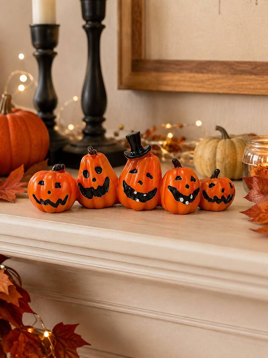 1pc Jack Pumpkin Statue, Cute & Quirky Halloween Pumpkin Statue Set, Funny Expression, Desktop Fireplace Mantel Bookshelf Autumn Home Party Decoration - Classic - View 1