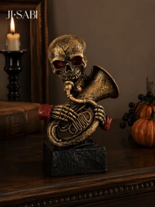 1pc Halloween Skeleton Musician Figurine, 2‑Style Skull Statue Playing French Horn & Cello, Retro Gothic Tabletop Ornament, Spooky Home Decor For Halloween Party Shelf Decoration - Halloween Skull Decor - View 10