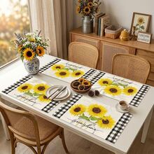 1/4/6pcs Autumn Series Black & White Plaid Border Glass Jar Sunflower Pattern Printed Placemats, Heat Resistant Table Protector For Home Kitchen, Dining Table, Party Decor - Multicolor - View 3