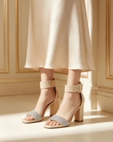 Women Ankle Strap Block Heel Sandals, Rhinestone Open Toe High Heels, Elegant Formal Party Office Dress Shoes - Apricot - View 5