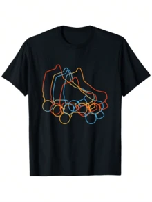 [ ] Retro Roller Skate Graphic T-Shirt, Soft Breathable   Fabric, Black Casual Crew Neck Tee With Vibrant Orange & Blue Line Art, Sizesfall Tops Women - Black - View 1