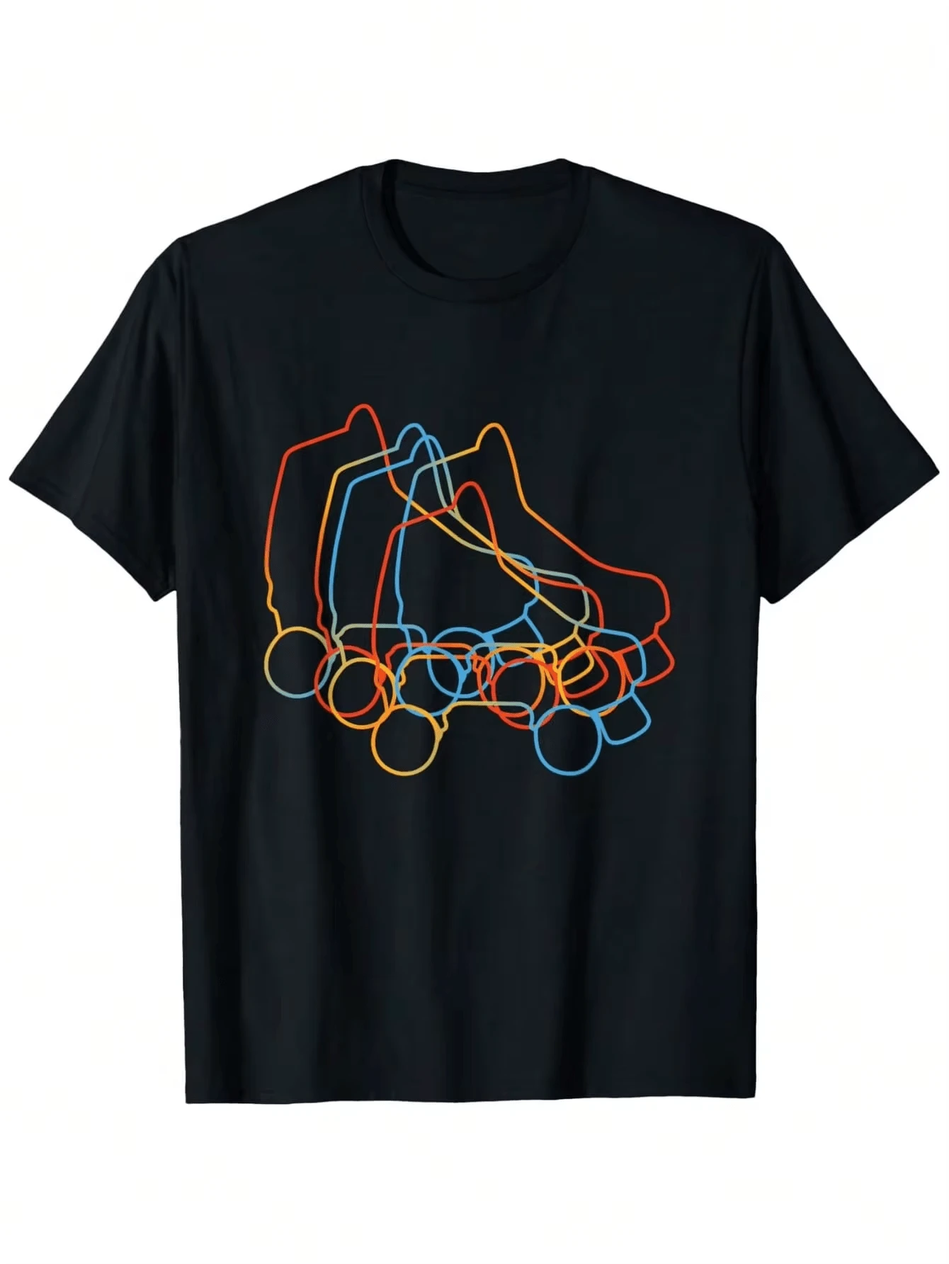 [ ] Retro Roller Skate Graphic T-Shirt, Soft Breathable   Fabric, Black Casual Crew Neck Tee With Vibrant Orange & Blue Line Art, Sizesfall Tops Women - Black - View 1