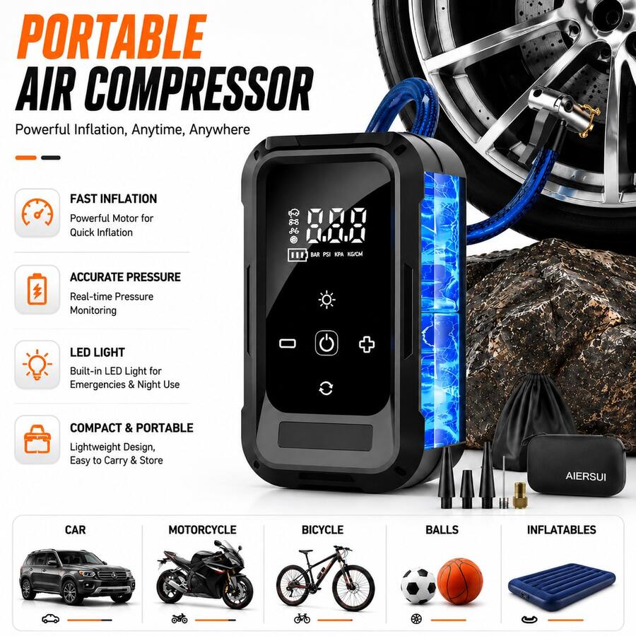 Portable Wireless Mini Air Pump 2000mAh 7.4V, With Digital Dual Display, LED Light And Pressure Gauge, Essential For Car, Motorcycle, Bicycle And Ball, Spring Travel Essential Equipment