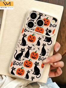 WeiMi 1pc Halloween Black Cat Pumpkin Lantern BOO Pattern Fashionable Cute Side Heart Anti-Drop Premium Soft TPU Phone Case Suitable For Friends, Family, Couples, Yourself Birthday Gift, Holiday Gift, Compatible With IPhone17/16/15/14/13/12/11/X/XR/XS MAX/For Galaxy A56/55/A03S Series - Multicolor - View 4