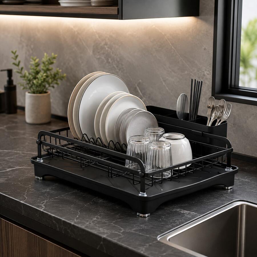 Iron Dish Drainer Rack For Kitchen Counter, Plate Holder And Utensil Storage Shelf, White Black Grey Color Options - View 1