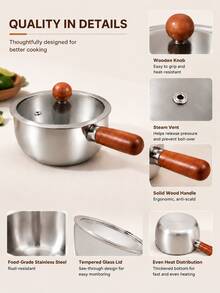 Multifunctional Stainless Steel Soup Pot & Frying Pan, Sauce Pot With Heat-Resistant Wooden Handle | Suitable For Induction Cooktop, Non-Slip, Even Heating Bottom - Ideal For Dorm, Office, RV, Small Kitchen, Single Cooking - View 6