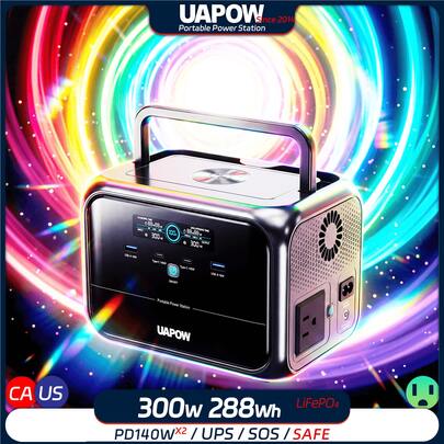 Fuente de alimentación para camping UAPOW de 300 W, batería LiFePO4 de 288 Wh, ultraligera (3 kg), silenciosa, de onda sinusoidal pura, para festivales y celebraciones, altavoz portátil, guirnalda de luces decorativas, uso nocturno, 2C2A PD140W LED, SOS, UPS, respaldo de emergencia, cero emisiones.