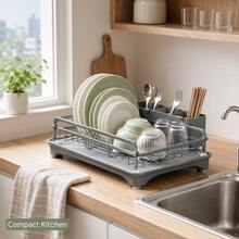 Iron Dish Drainer Rack For Kitchen Counter, Plate Holder And Utensil Storage Shelf, White Black Grey Color Options - View 4