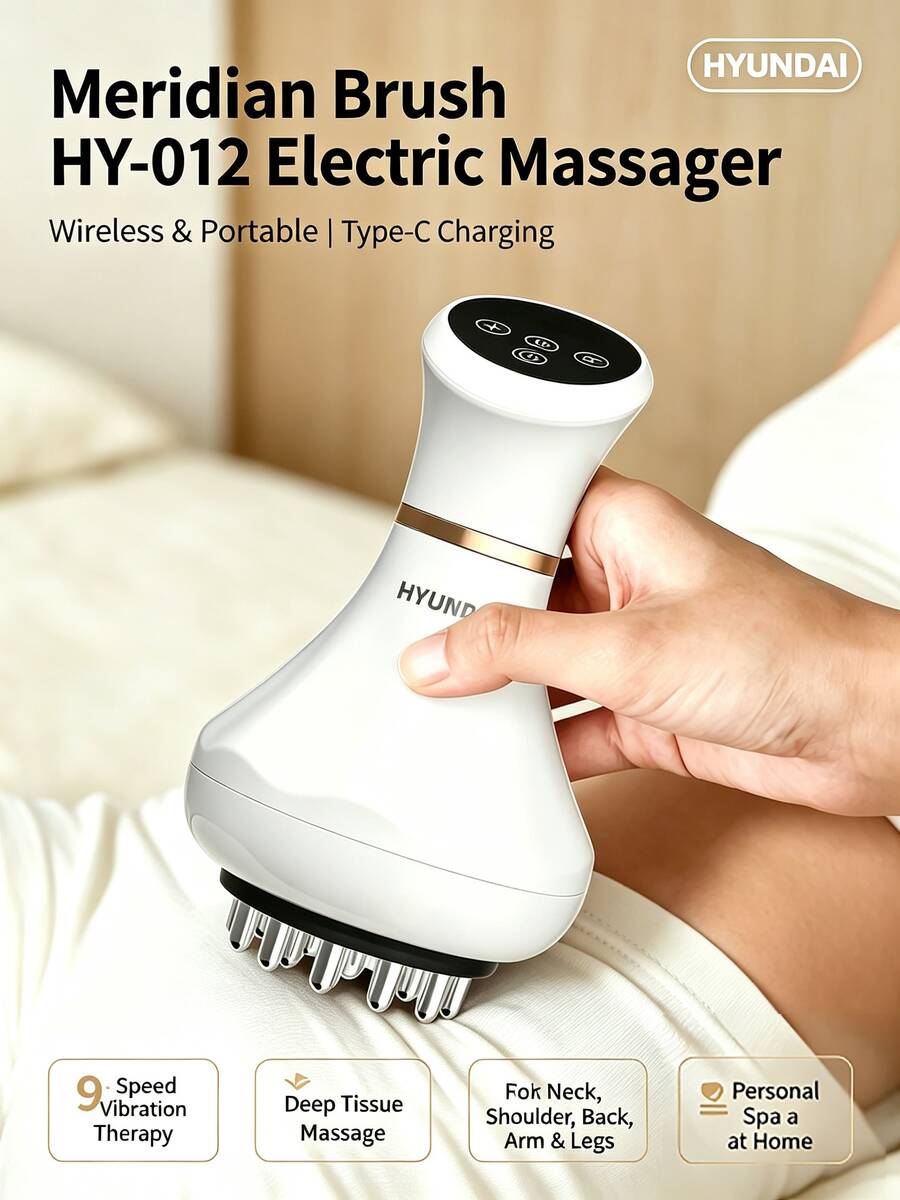 HYUNDAI HY-012 Brush Electric Massager, Wireless And Portable, Type-C Interface, 9-Level Vibration Therapy, Deep Tissue Massage, Suitable For Neck, Shoulders, Back, Arms, And Legs. A Great Gift For Your Girlfriend/Mother. - White - View 1