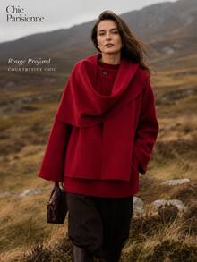 Tiefrote asymmetrische Schal-Strickjacke | Auffällige rote weiche Oberbekleidung | Elegante Winter-Mode-Schicht - Rot - Übersicht 7