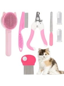 1 Set Pet Grooming Kit, Includes Pet Nail Clipper And File, Flea Comb, Pet Shampoo Brush, Pet Deshedding Brush And Silicone Toothbrush - Multicolor - View 11