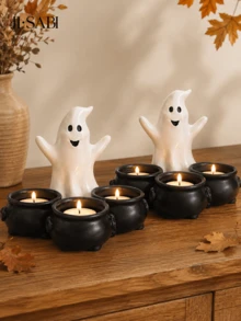 1pc Halloween Ghost Cauldron Tea Light Candle Holder, Ghost Shaped With 3 Cauldron Candle Holders, Spooky Cute Tabletop Decor, Suitable For Halloween Party Home Bookshelf Decoration, Candles Not Included - Ghost Candlestick - View 8