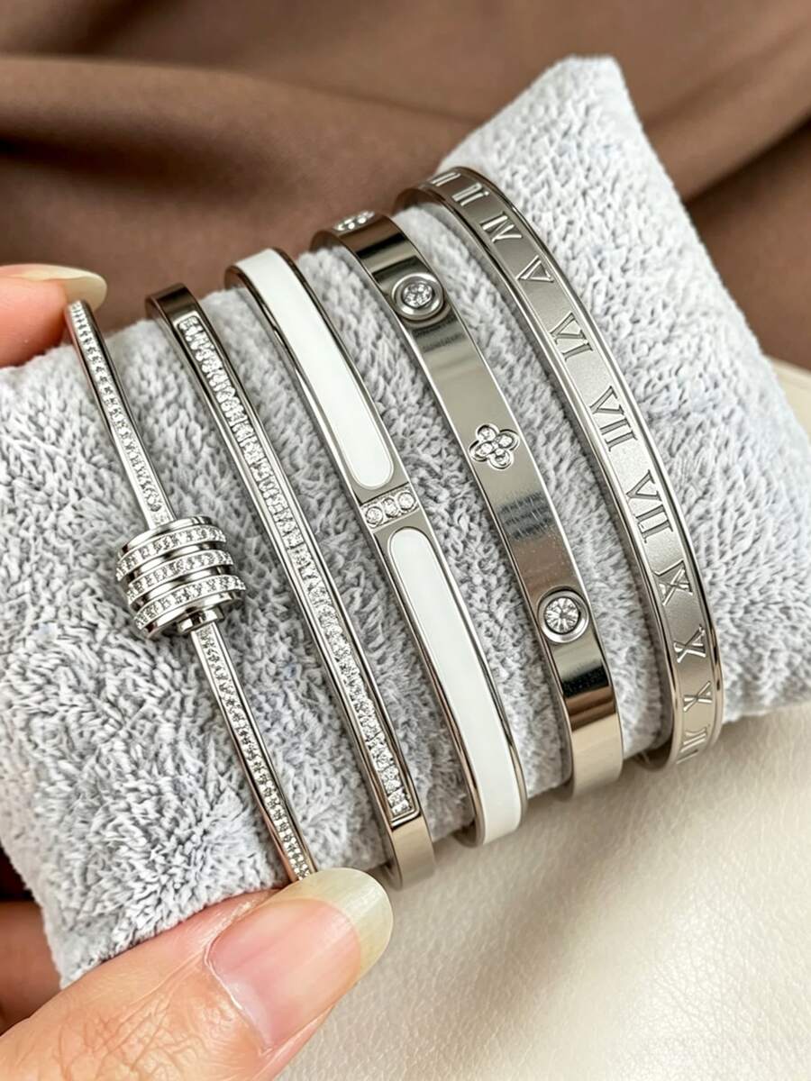 5/1 Pc New Stainless Steel Bracelet Set, Waterproof & Fade-Resistant, Multi-Style Design (Roman Numerals, Four-Leaf Clover, Rhinestone, Etc.), Versatile Commuter Luxury Accessory, Layering Essential, Hypoallergenic, Unique Design, Holiday Gift