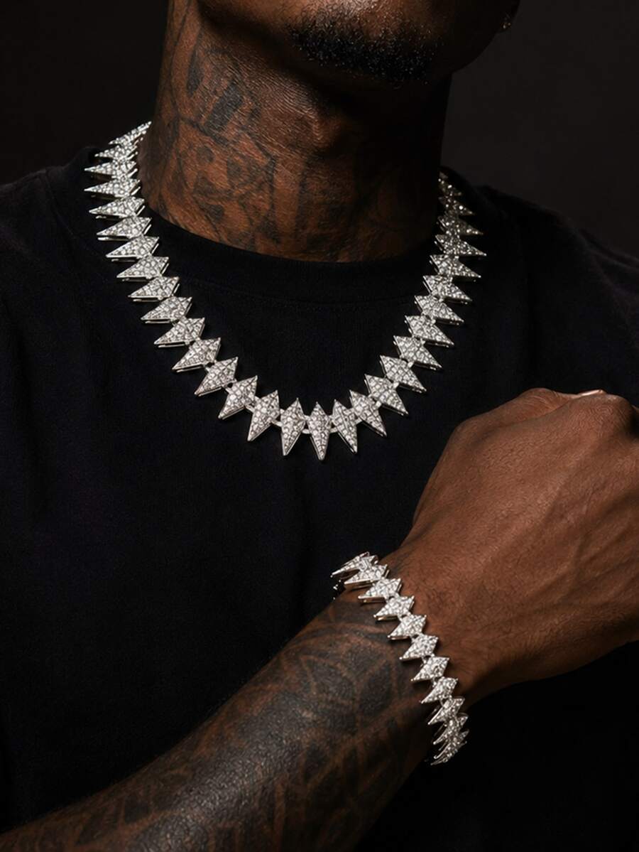 Hip Hop Full Rhinestone Cone Necklace & Bracelet Set, Unisex Rivet Style Studded Chain, Shiny Heavy-Duty Cool Accessories, Street Rap Party Outfit Holiday Gift Jewelry - Spiky Necklace Set - View 1