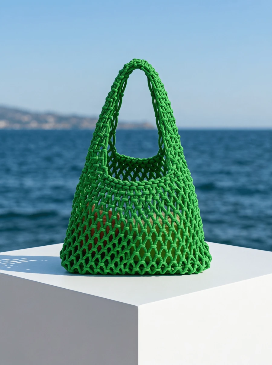 CAJUNI 時尚多彩聚酯纖維紗線手工編織圖案手提包，海洋風情，適合度假
