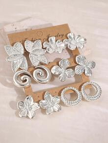 2/12PCS Vintage Fashion Elegant Silver Flower Hollow Floral Leaf Circle Spiral Stud Earrings Set, Daily Versatile Commute Accessory - Silver - View 4