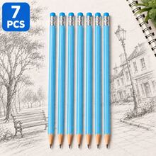 7/14pcs Blue HB Wooden Pencils With Eraser, Triangular Barrel Graphite Writing Pencils, Suitable For Writing, Drawing, Sketching, Office, School And Back To School Stationery - Blue Color - View 11