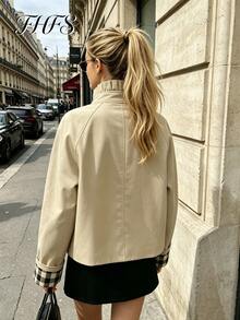 Women's Short Trench Coat With Stand Collar And Raglan Sleeves, Stylish Button Details, Perfect For Spring And Fall Outfits - Khaki - View 5