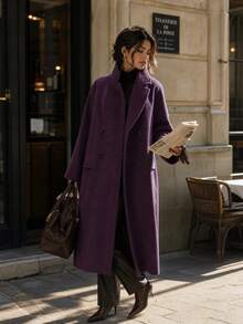 Casual Autumn/Winter Women's Wool Blend Turndown Collar Long Sleeve Warm Commuting Elegant Long Wool Blend Coat Fall - Dark Purple - View 2