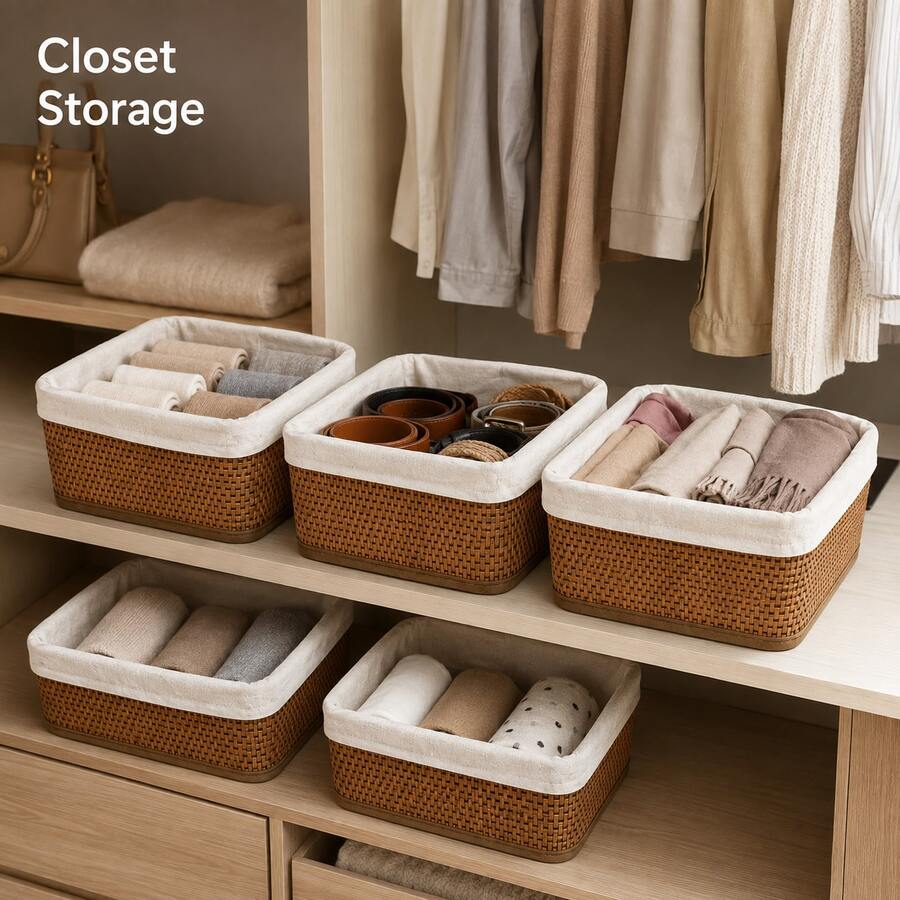 Bamboo Storage Baskets 3 Pieces Set, Rectangular Organizer Bins With Fabric Insert, Optional A Or B Style - View 1