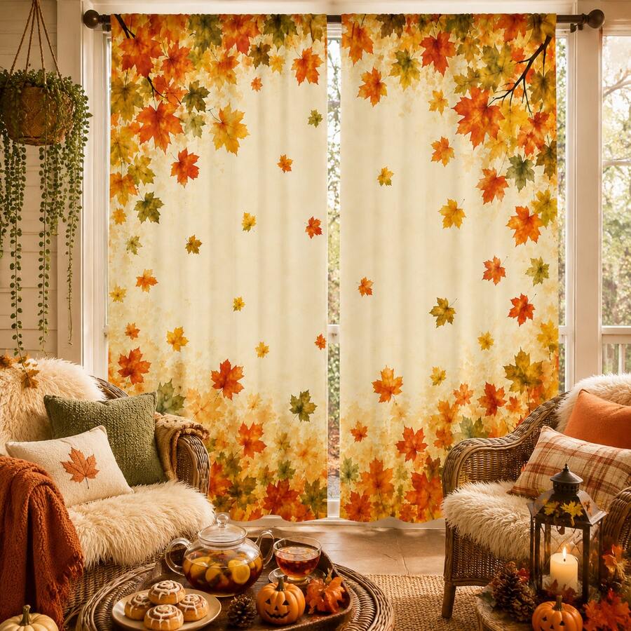 2pcs Gradient Autumn Maple Leaf Print Decorative Curtains, Rod Pocket Design, No Drilling Required, Easy Installation And Removable, Polyester Material, Suitable For Living Room, Bedroom, Creating Warm And Cozy Autumn Home Decor - Multicolor - View 1