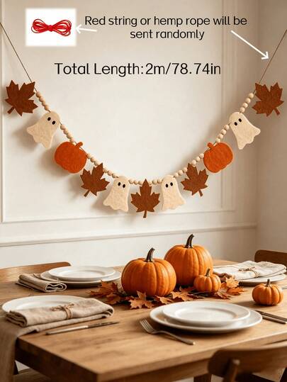 12pcsFall Harvest Halloween Felt Garland With Ghost Pumpkin Maple Leaf Wood Beads Banner, Autumn Thanksgiving Mantel Wall Hanging Decorations, Indoor Home Family Party Fireplace Seasonal Decor Supplies