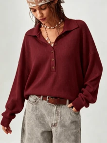 Waffle Knit Polo Collar Henley Top,Drop Shoulder Long Sleeve Button Placket Relaxed Fit Casual Pullover For Spring Fall,Teacher Outfits For Women - Red - View 6