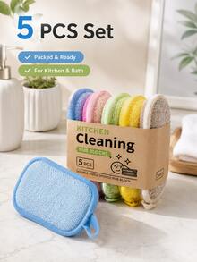 Multifunctional Scouring Sponge, Double-Sided Cleaning Pad With Hanging Ring, Soft Fiber Dishwashing Sponge, Kitchen Cleaning Brush, Bath Body Scrub Pad, Reusable Household Cleaning Tool, 5 Colors - Multicolor - View 4