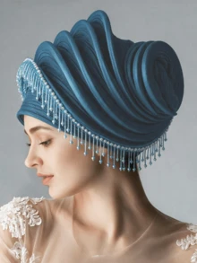 1pc Luxury Shiny Pleated Turban With Bead Fringe, Elegant Wedding Party Head Wrap Hat For Women - Multicolor - View 6