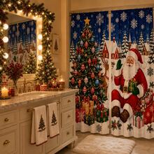 2 Pieces Of Snowscape Village Christmas Printed Semi-Transparent Curtains, Featuring A Magnificent Christmas Tree And A Seated Santa Claus Pattern. Suitable For Christmas Decorations In Living Rooms, Bedrooms And Home Interiors. - Multicolor - View 5