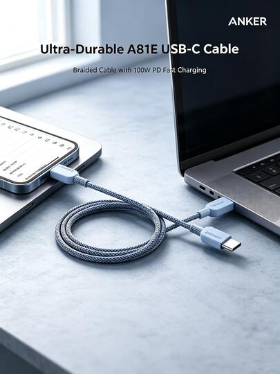 anker Durable A81E USB-C Cable, Braided Design Withstands Bending, 100W PD Fast Charging, Compatible With MacBook, Samsung Galaxy, IPad Pro, Nintendo Switch And More Devices